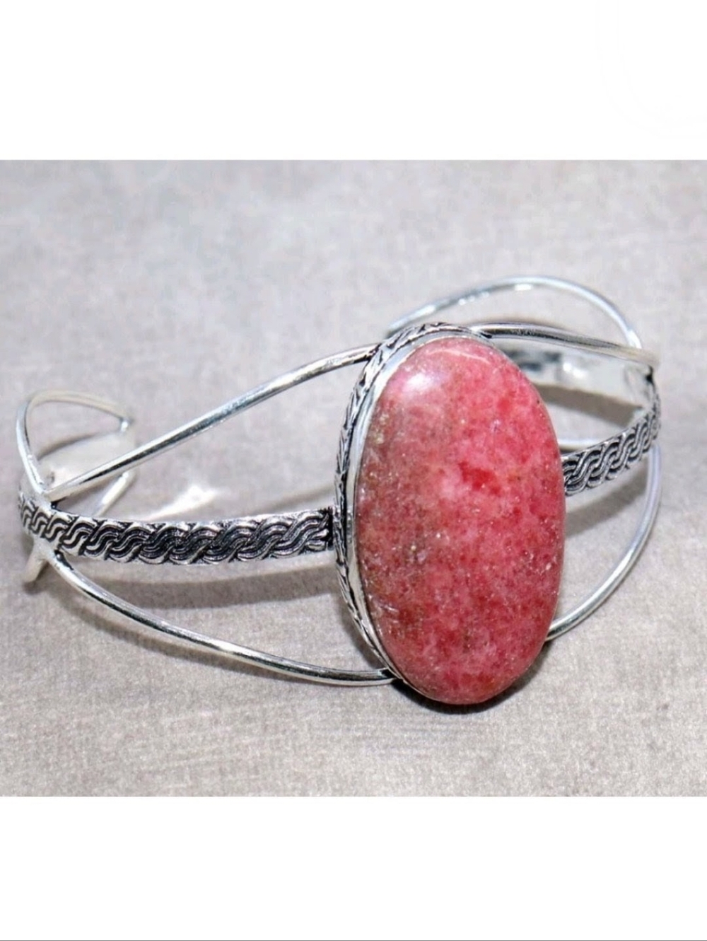 Norwegian Pink Thulite Gemstone 925 Sterling Silver Adjustable Cuff Bracelet